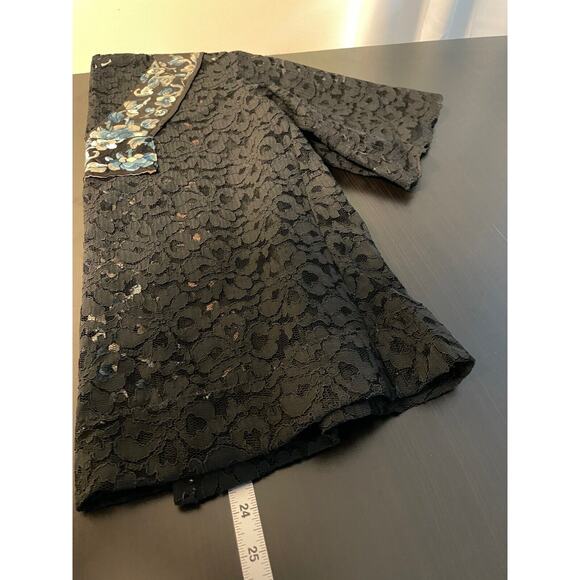 Vintage Handmade Womens Cardigan Medium Black Floral Lace Open Whimsigoth 90s - Picture 6 of 7